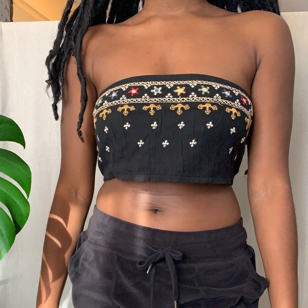 embroidered embellished black tube top